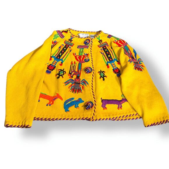 Vintage 90s Michael Simon For Henri Bendel Yellow Beaded Abstract Knit Cardigan - Picture 13 of 15